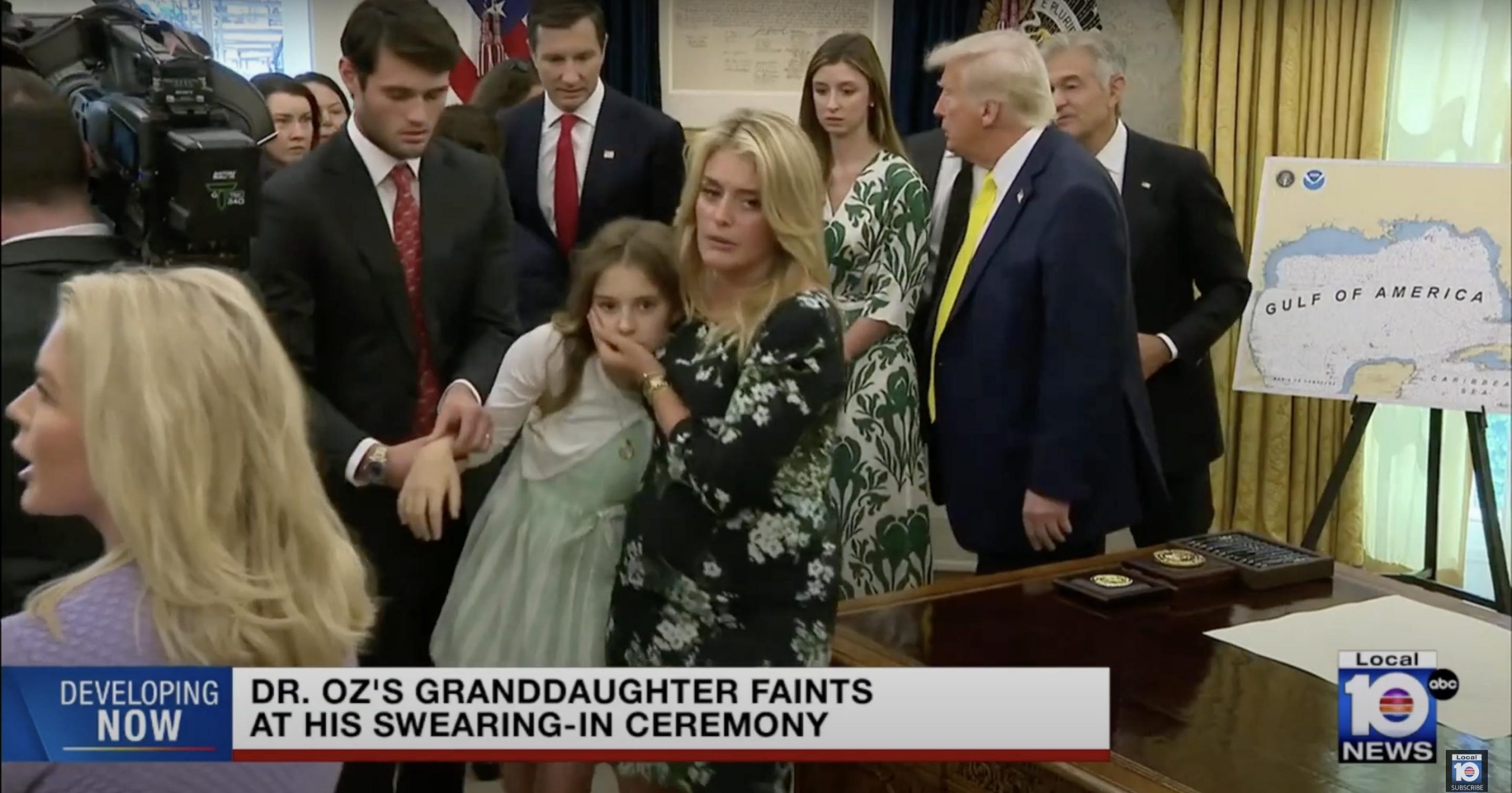 Philomena is led out after fainting during her grandfather, Dr. Oz's swearing-in ceremony, dated April 19, 2025 | Source: YouTube/@WPLGLocal10