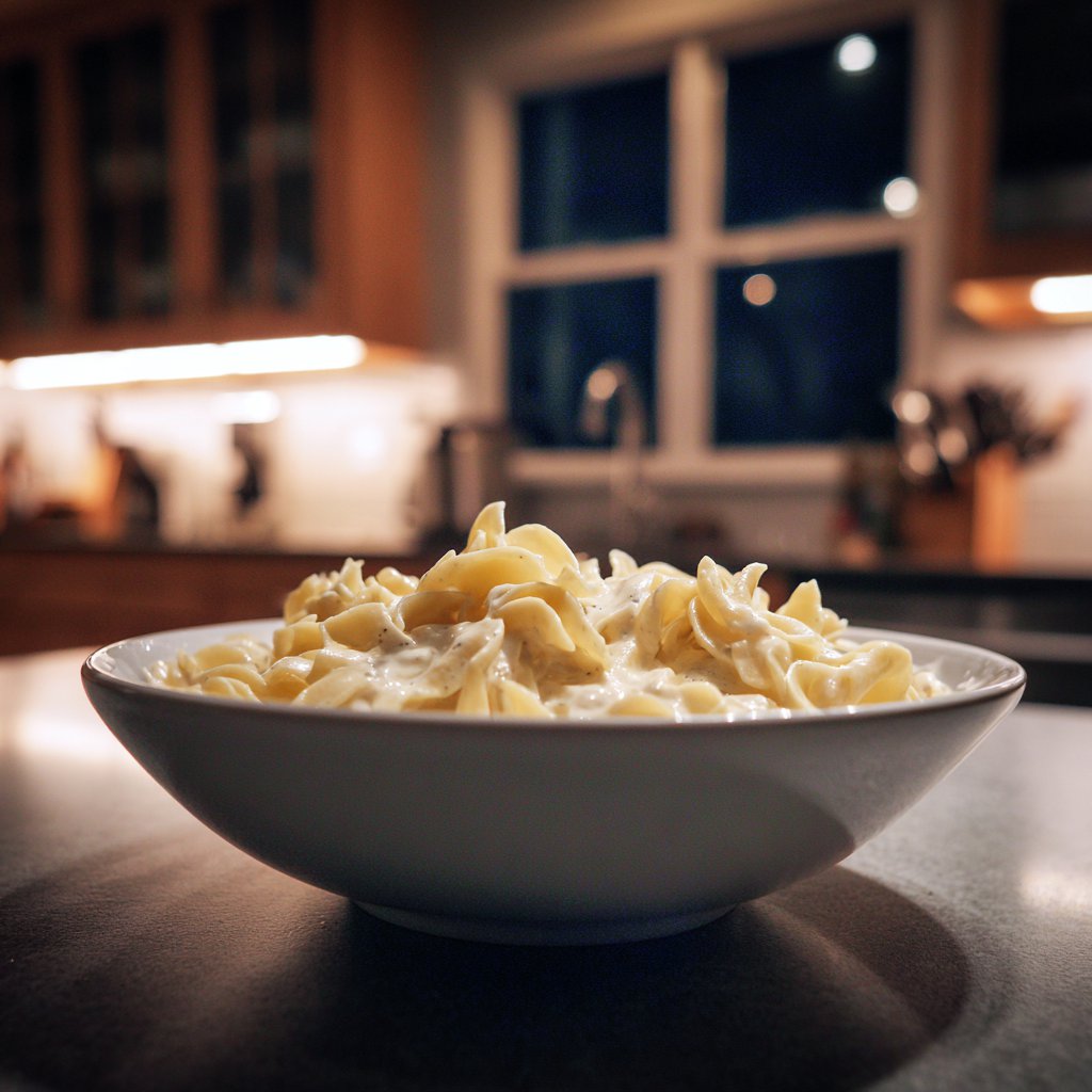A bowl of pasta on a counter | Source: Midjourney