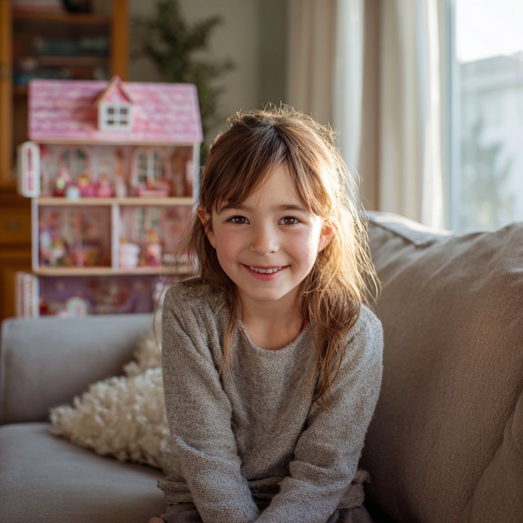 A smiling little girl sitting on a couch | Source: Midjourney