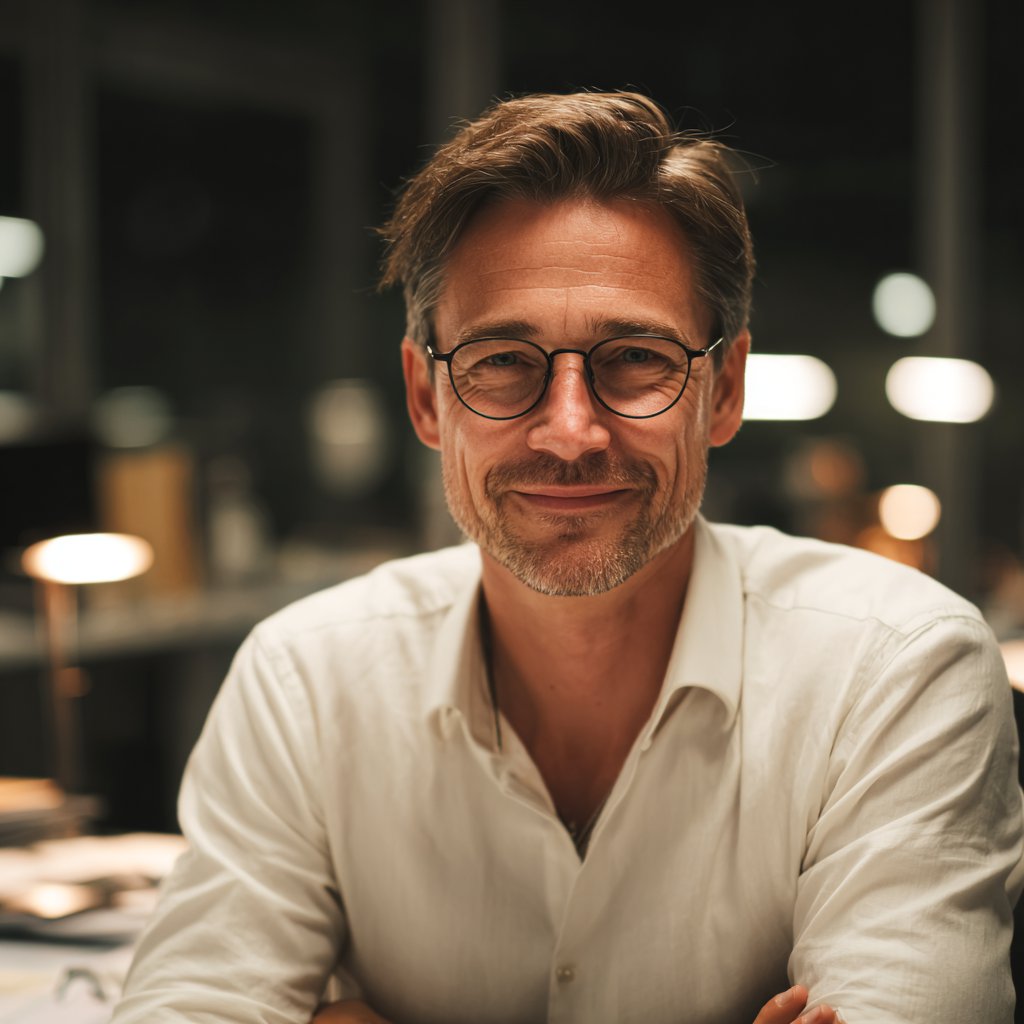 A smiling man sitting at his desk | Source: Midjourney
