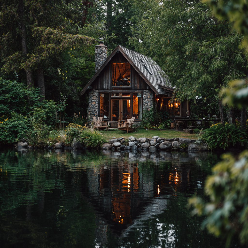 The exterior of a lakeside cabin | Source: Midjourney