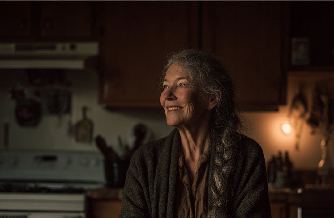 A smiling older woman sitting at a table | Source: Midjourney