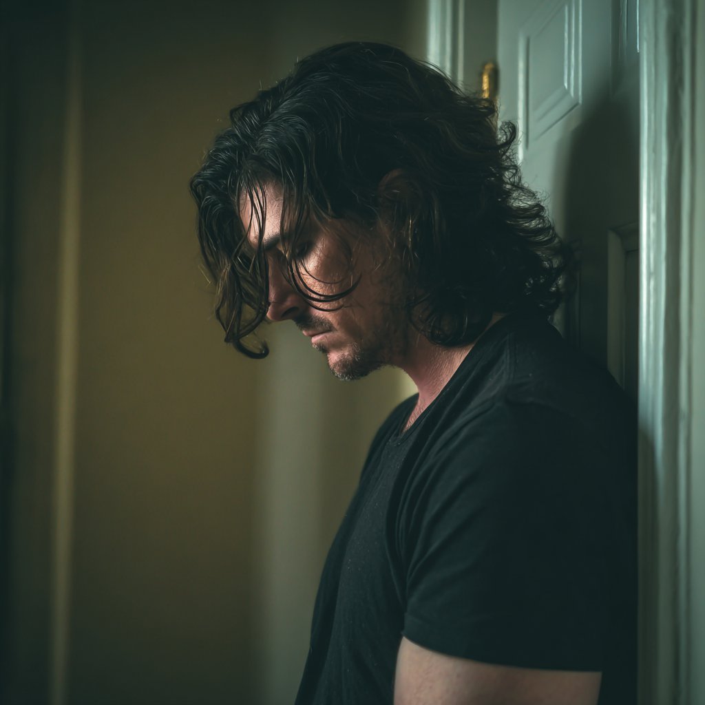 An upset man leaning against a door | Source: Midjourney