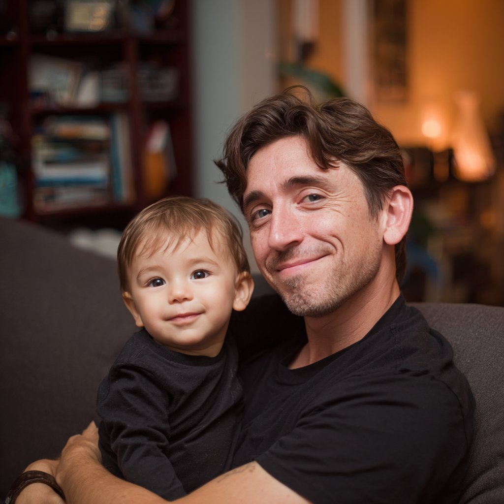 A smiling man holding his son | Source: Midjourney