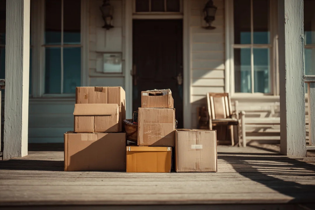 Cardboard boxes lying on the front porch of a house | Source: Midjourney