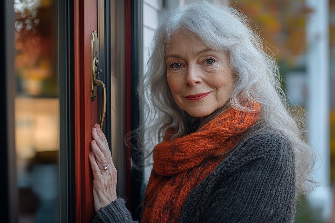 A mean-spirited woman greets with a fake smile as she opens the door | Source: Midjourney