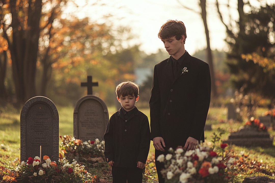 Brothers looking at their parents' graves | Source: Midjourney