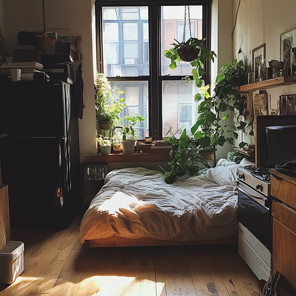 Inside a tiny, simple studio apartment | Source: Midjourney