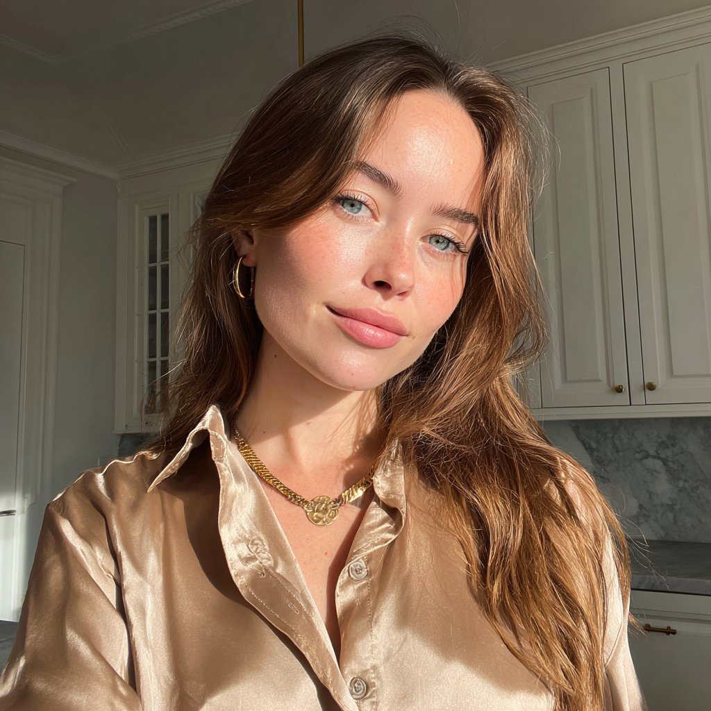 A close up of a woman wearing a silk blouse | Source: Midjourney