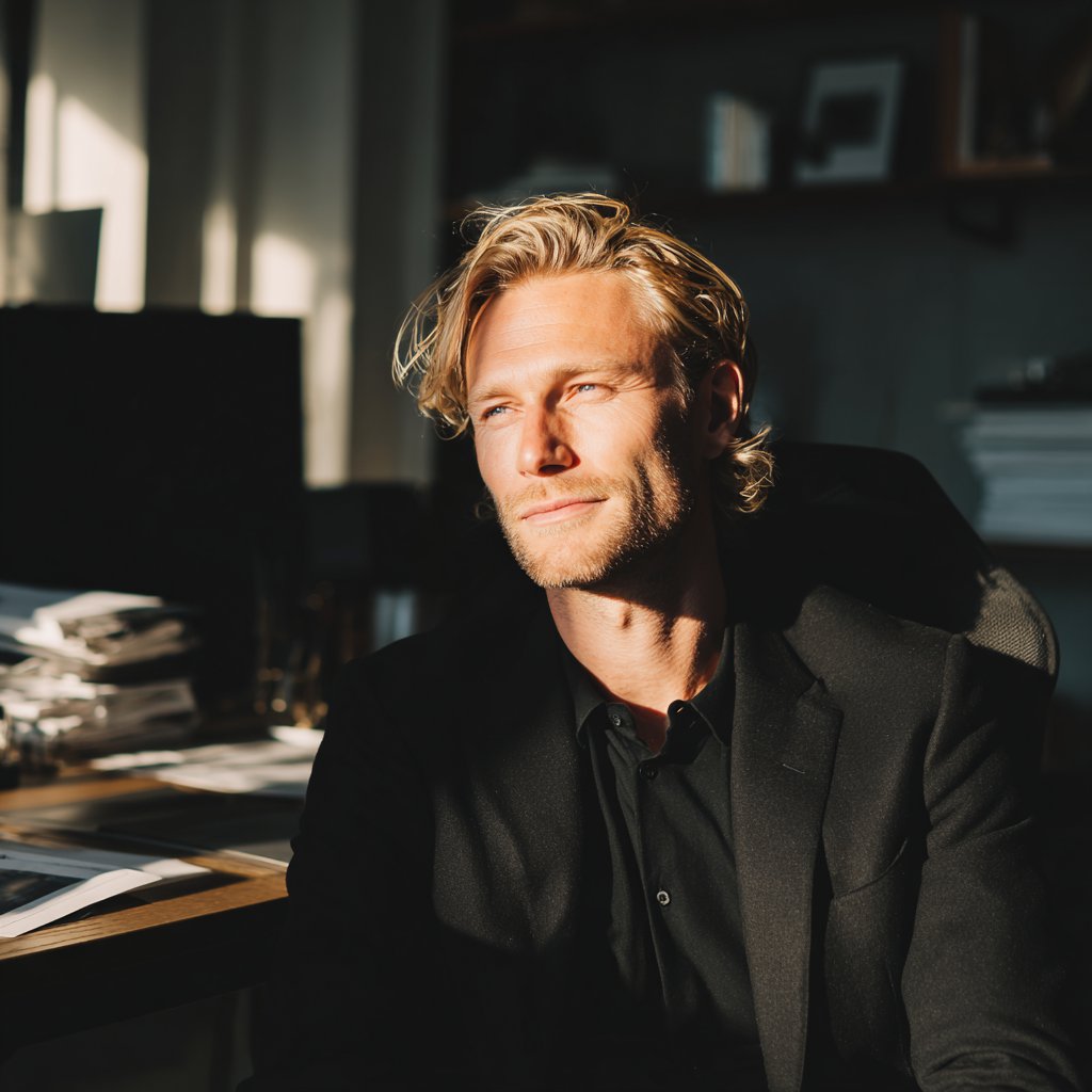 A smiling man sitting at his desk | Source: Midjourney
