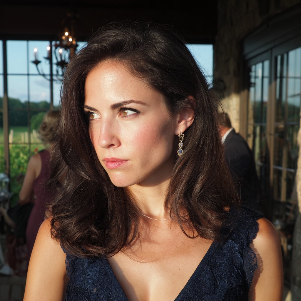 A pensive woman wearing a navy dress | Source: Midjourney
