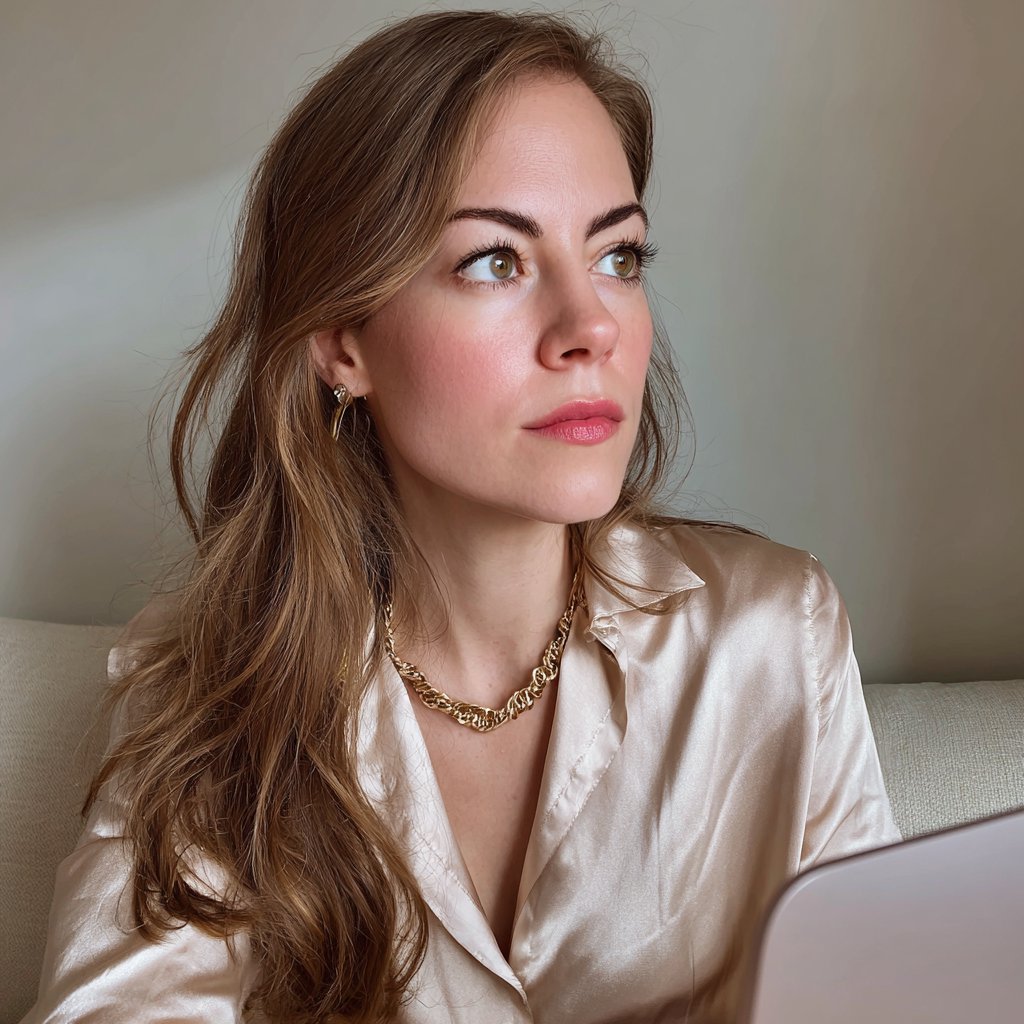 A close up of a woman sitting on a couch | Source: Midjourney