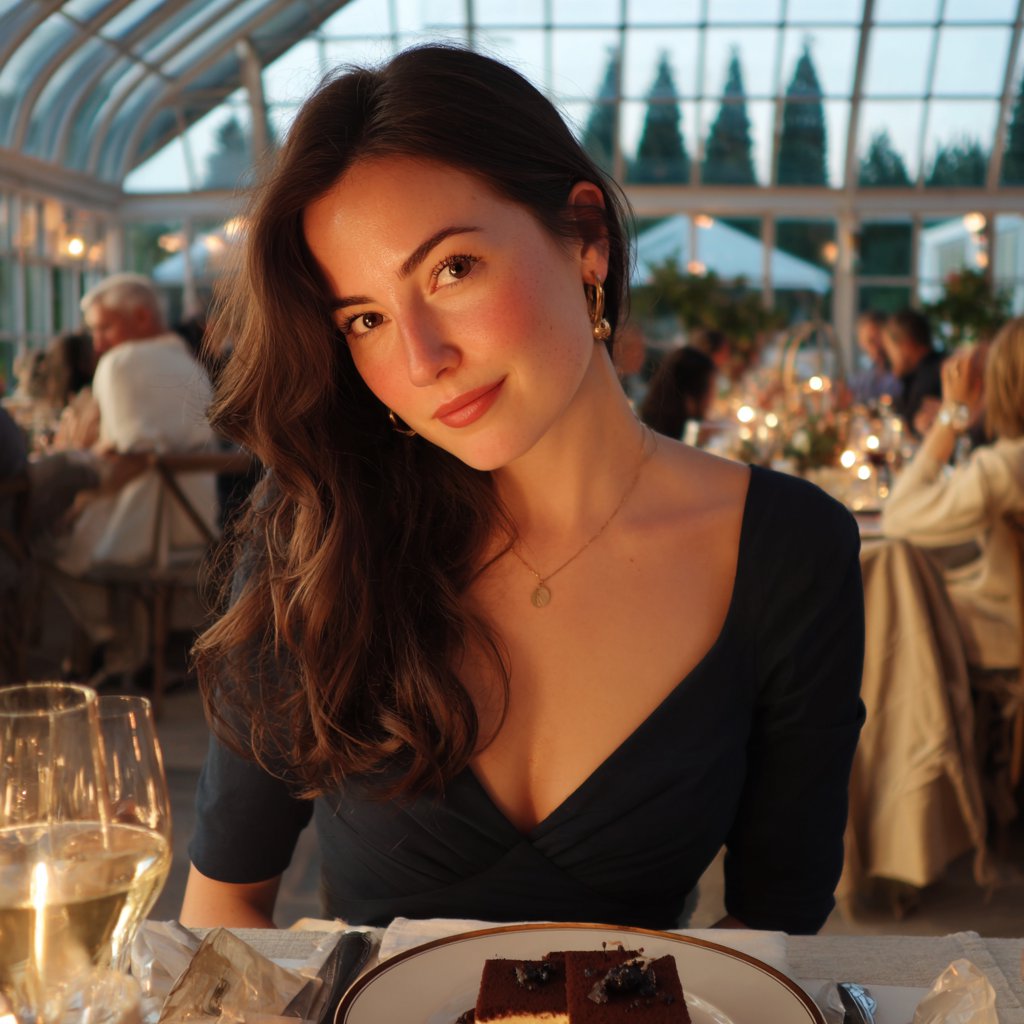 A smiling woman sitting at a table | Source: Midjourney