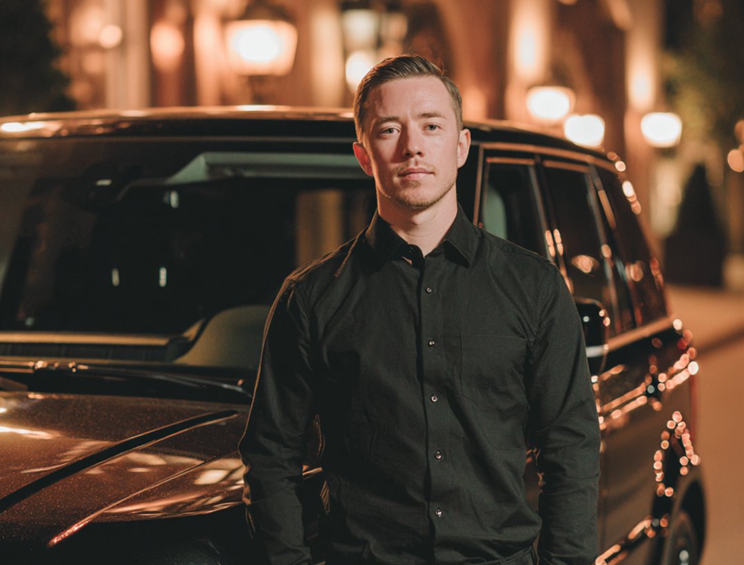 A man standing in front of a black SUV | Source: Midjourney