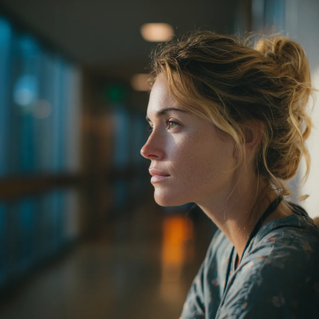 A woman waiting in a hospital corridor | Source: Midjourney