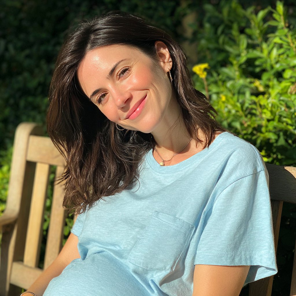 A smiling pregnant woman sitting outside | Source: Midjourney