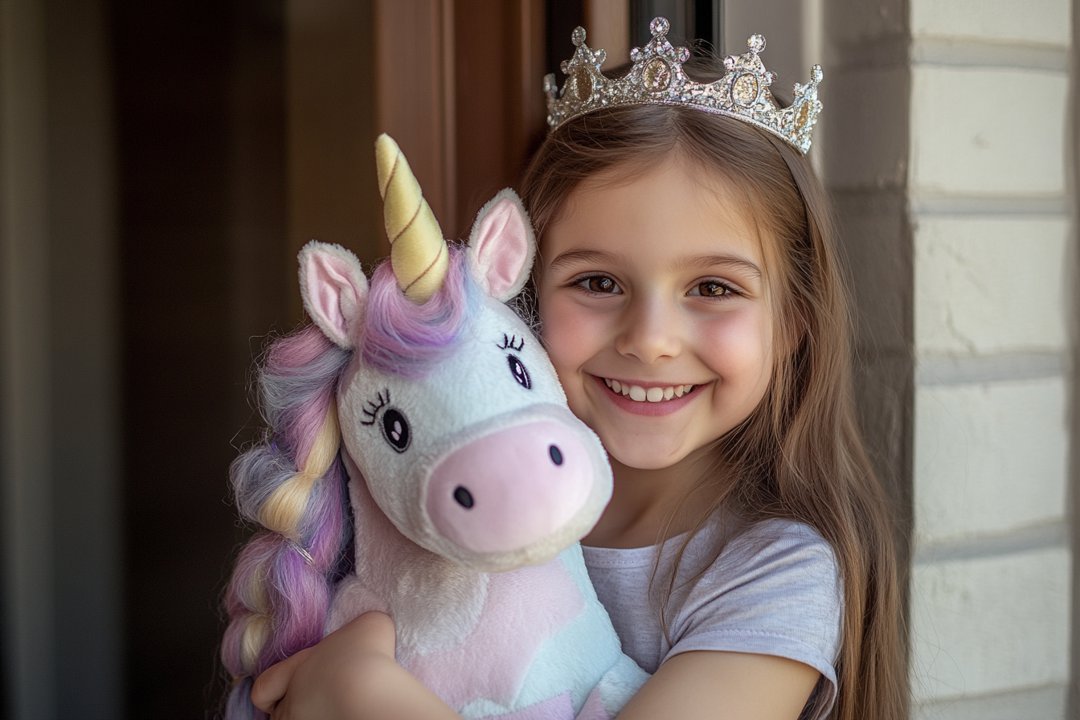 An excited young girl holding a unicorn plushie | Source: Midjourney