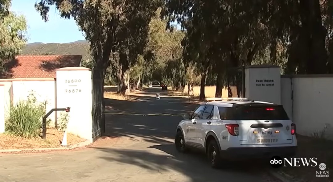 A police vehicle blocks the entrance to King Gillette Ranch following the fatal tree branch incident, as posted on July 11, 2025 | Source : YouTube/ABCNews