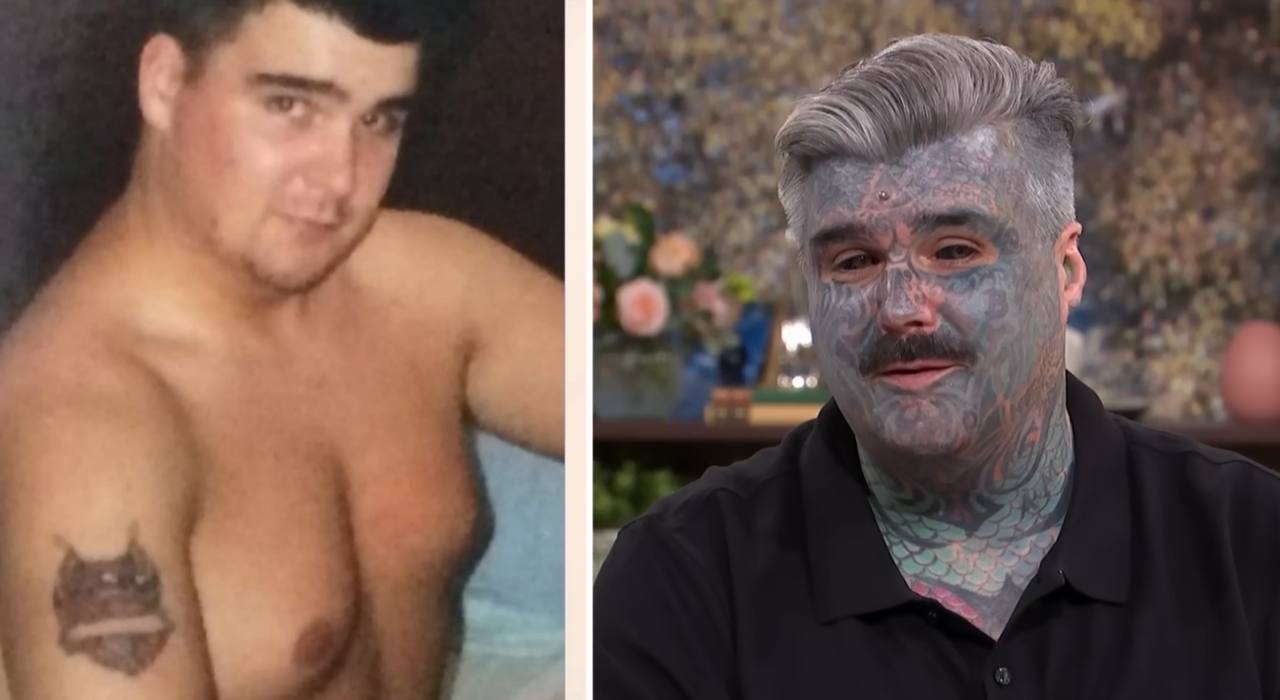A striking transformation: Side-by-side photos show King of Ink Land King Body Art The Extreme Ink-ite as a fresh-faced teen after his first tattoo — and years later, fully inked from head to toe. | Source: YouTube/This Morning