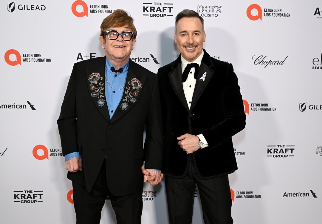 Sir Elton John and David Furnish at the press conference during the Elton John AIDS Foundation's 33rd Annual Academy Awards Viewing Party on March 2, 2025, in West Hollywood, California. | Source: Getty Images