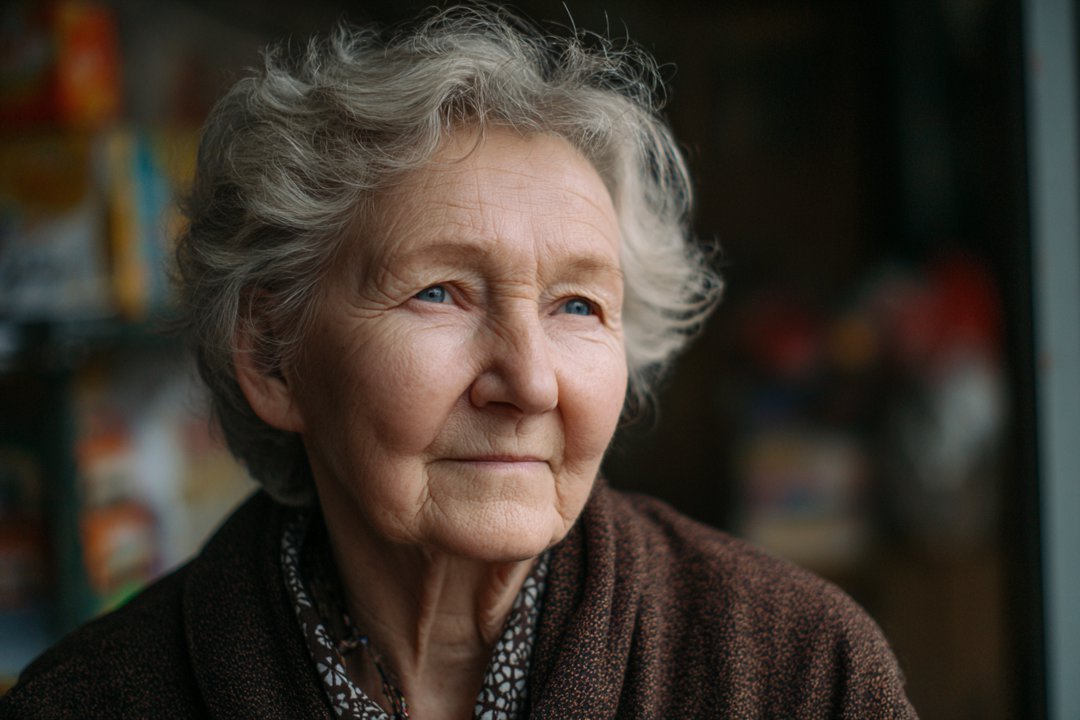 An older woman standing outside a grocery store | Source: Midjourney