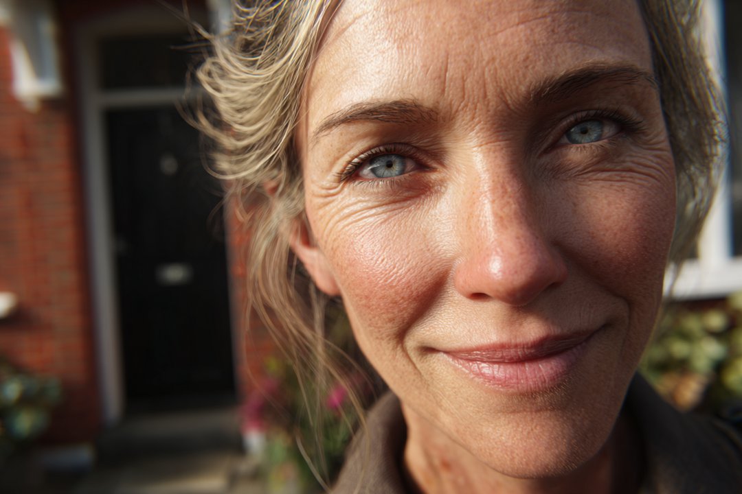 A woman standing outside a house | Source: Midjourney