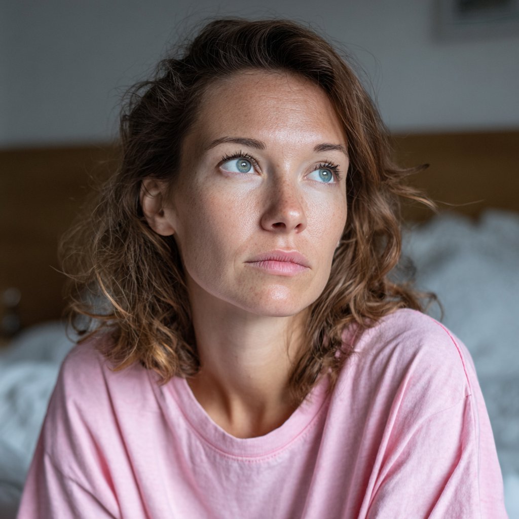 A worried woman sitting on a bed | Source: Midjourney