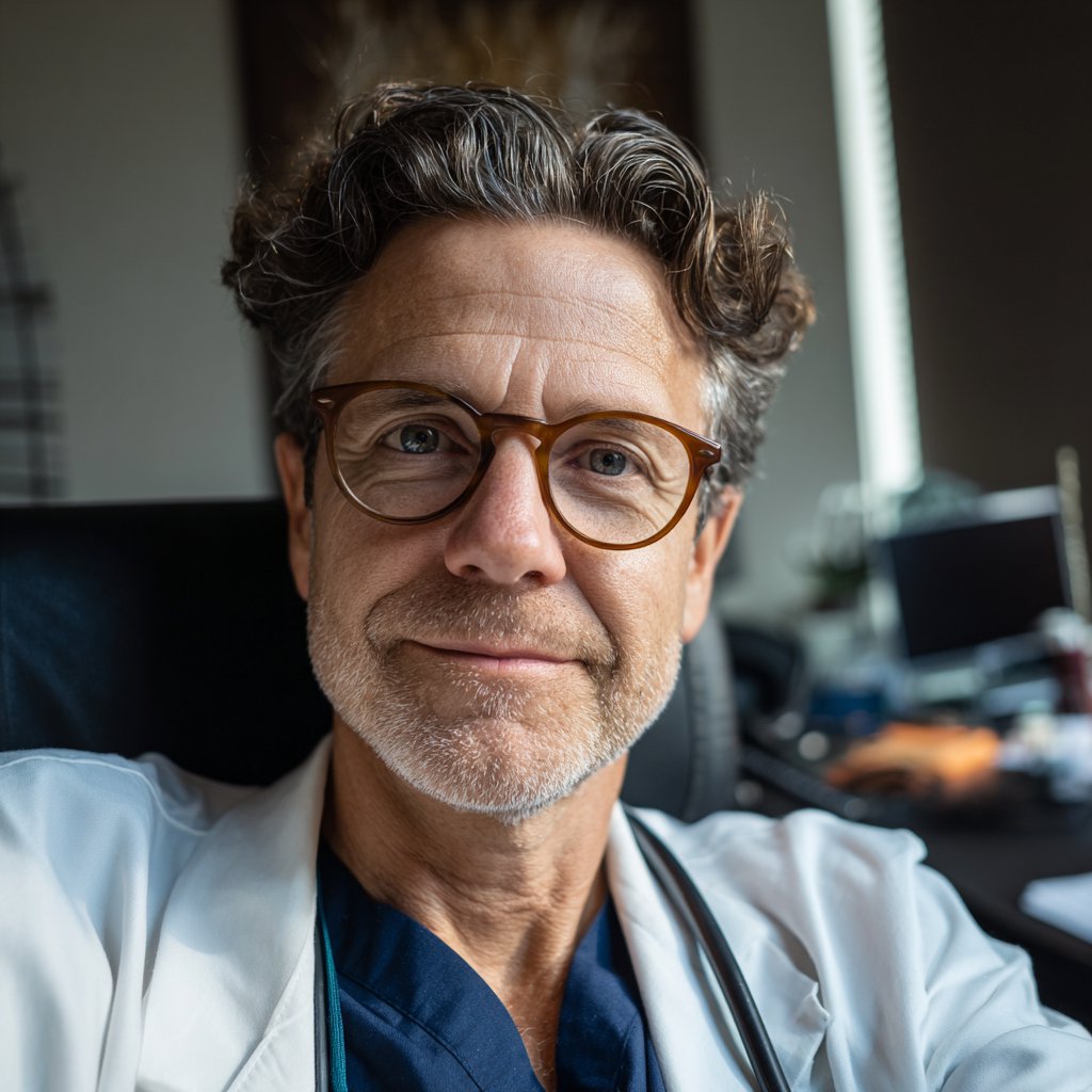 A smiling doctor sitting in his office | Source: Midjourney
