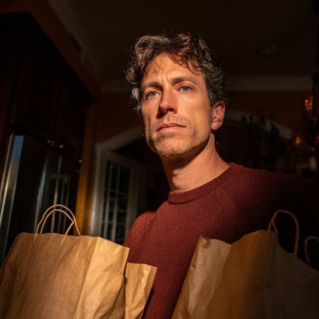 A man holding brown paper grocery bags | Source: Midjourney