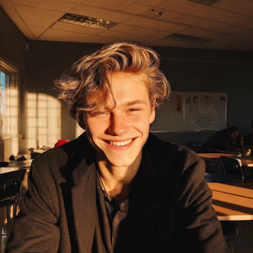 A smiling teenage boy sitting in a classroom | Source: Midjourney
