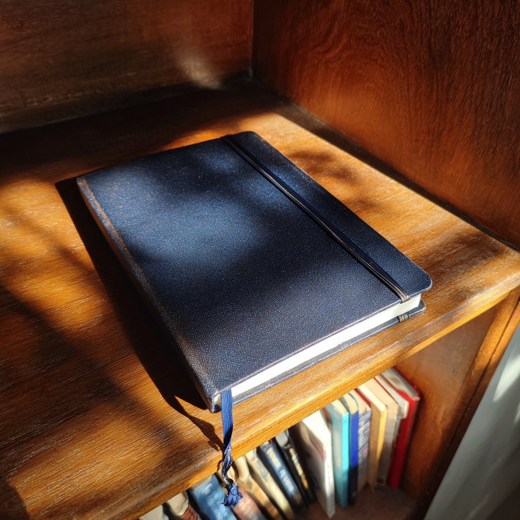 A navy notebook on a bookshelf | Source: Midjourney