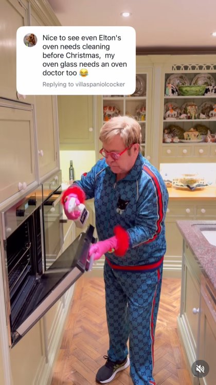 In his follow-up Reel, John swings open the infamous oven door, pink gloves on and cleaner at the ready — a glamorous clapback to the fan who joked his oven needed