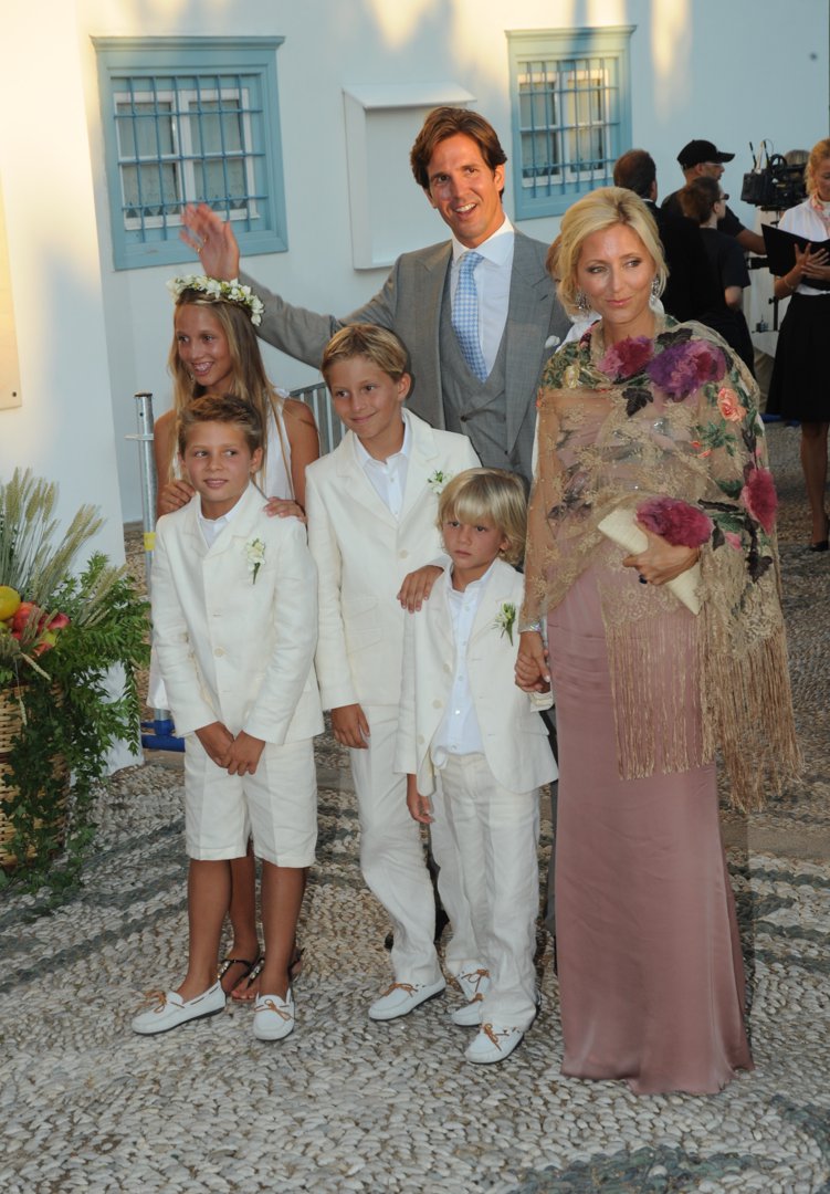 Prince Pavlos of Greece and Princess Marie-Chantal arrived in Spetses with their four children — Princess Maria-Olympia, Prince Achileas-Andreas, Prince Constantine-Alexios, and Prince Odysseas-Kimon — to attend the wedding of Prince Nikolaos of Greece and Tatiana Blatnik at the Cathedral of Ayios Nikolaos on August 25, 2010.