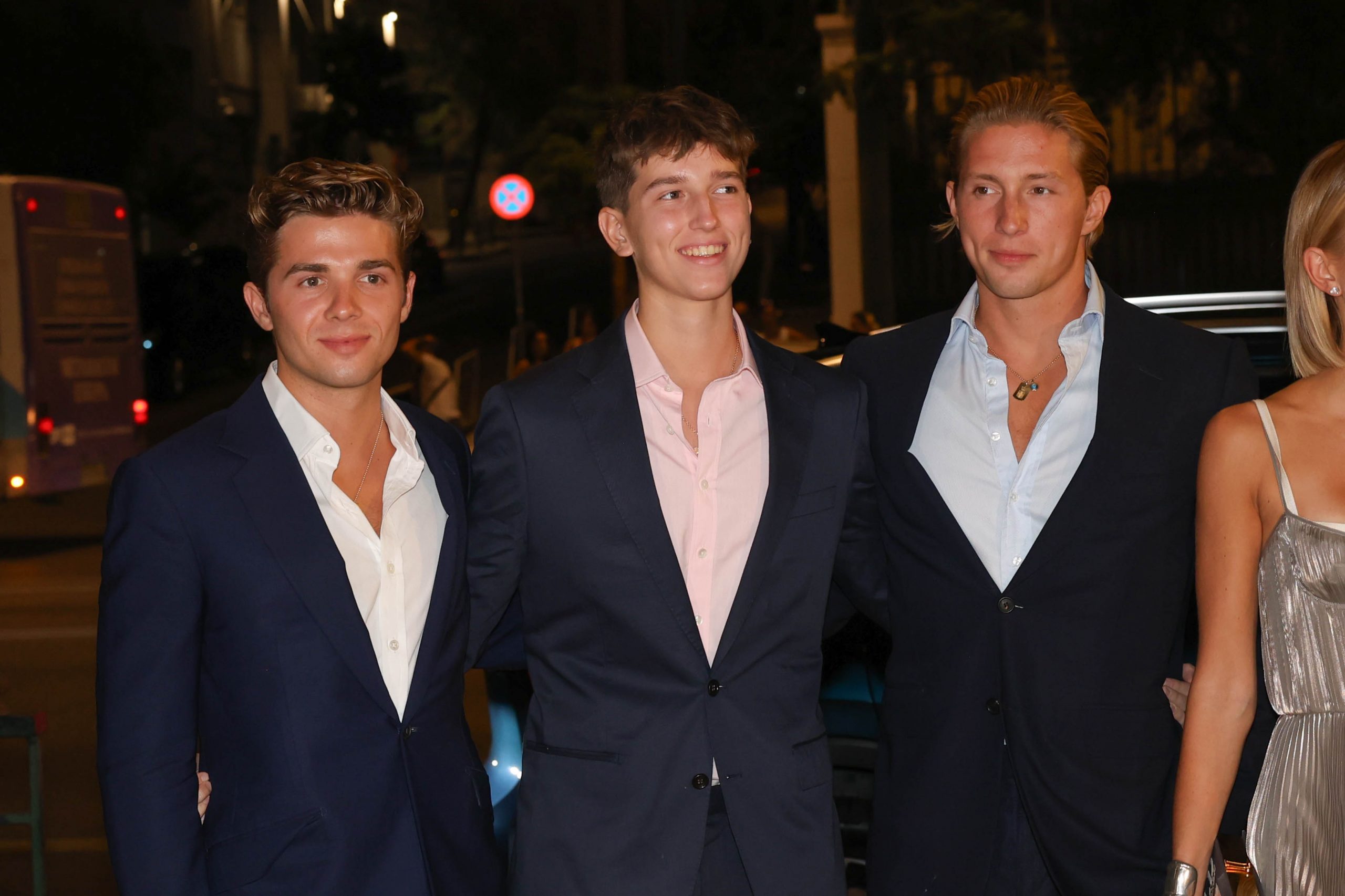 Prince Achileas-Andreas, Prince Aristides-Stavros, and Prince Constantine-Alexios of Greece were photographed arriving together for the pre-wedding celebration of Princess Theodora of Greece and Matthew Kumar on September 27, 2024, in Athens.