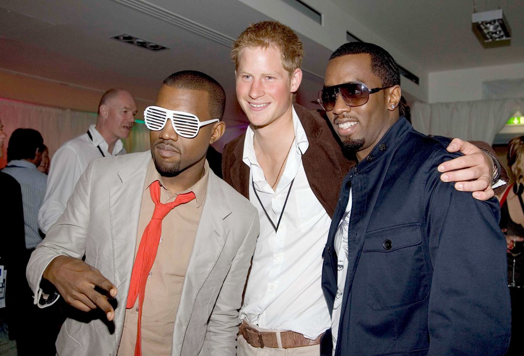 In a rare collision of royalty and hip-hop, Prince Harry posed with Kanye West and P Diddy backstage at Wembley Arena on July 1, 2007. The prince appeared relaxed and at ease among the global superstars, captured in the midst of a night dedicated to remembering his late mother, Diana, Princess of Wales.
