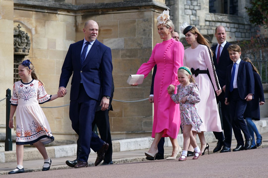 Zara and Mike Tindall with their children, Princess Beatrice of York and Edoardo Mapelli Mozzi, as well as Prince William, Prince George, and Princess Charlotte at St. George's Chapel on April 9, 2023. | Source: Getty Images