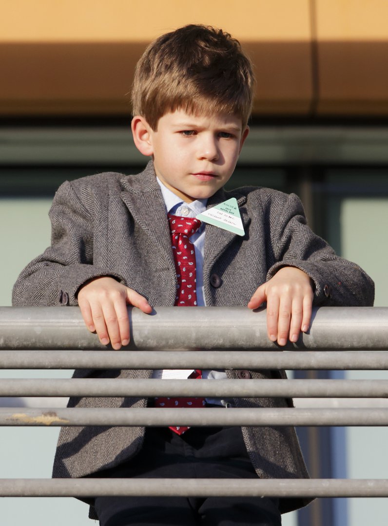 Looking ahead with curiosity: Looking sharp in his winter coat, James watches the action unfold at Ascot's Christmas Meeting in 2014. With his father nearby, the young royal took in the festive racing tradition with quiet confidence.
