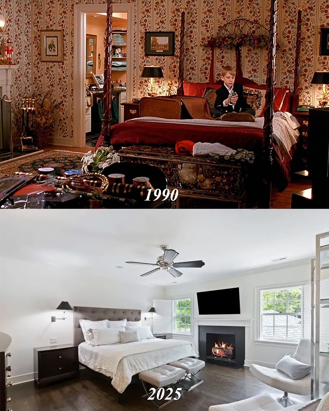 From movie set to modern sanctuary &mdash; the iconic master bedroom where Kevin McCallister once plotted his escape has shed its bold wallpaper and classic four-poster bed for a sleek, sunlit space with luxe, minimalist touches. | Source: Instagram/kjp