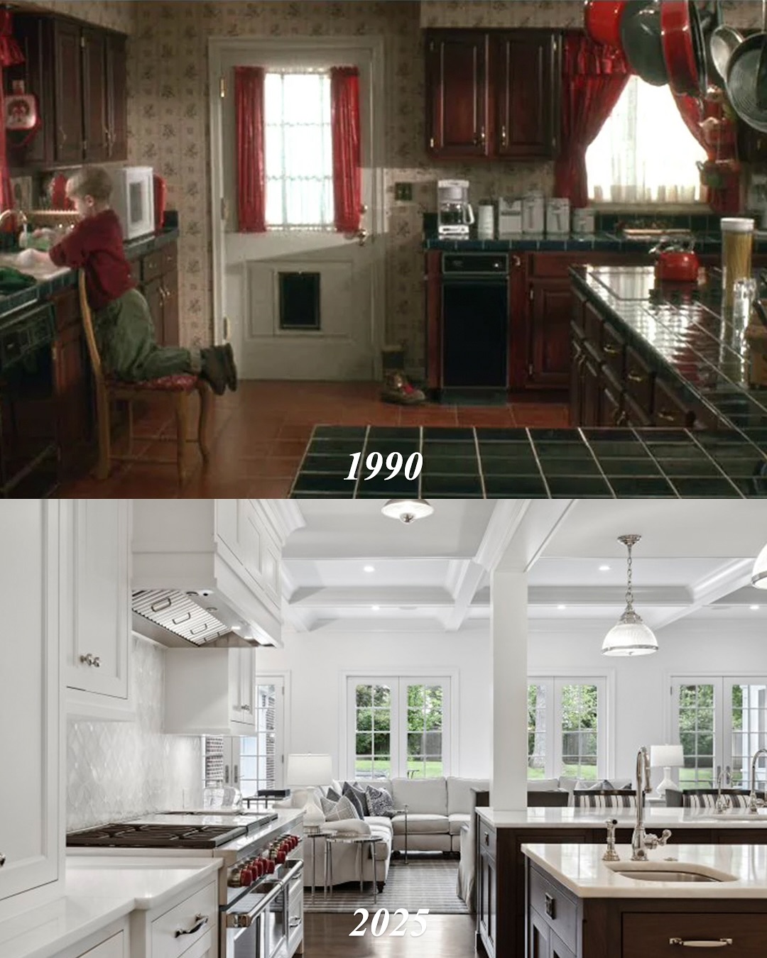 The kitchen &mdash; once the cozy, cluttered heart of the McCallister home &mdash; now opens into a vast, whitewashed space with oversized counters and clean lines, leaving behind every trace of its '90s red-and-green flair. | Source: Instagram/kjp