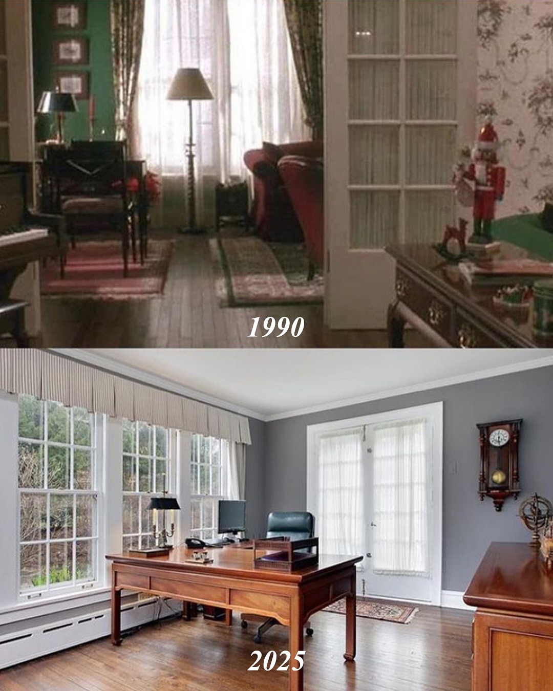 The lived-in sitting room where holiday chaos once reigned is now a polished home office &mdash; soft greys, clean woods, and streams of natural light redefine the space without erasing its traditional soul. | Source: Instagram/kjp