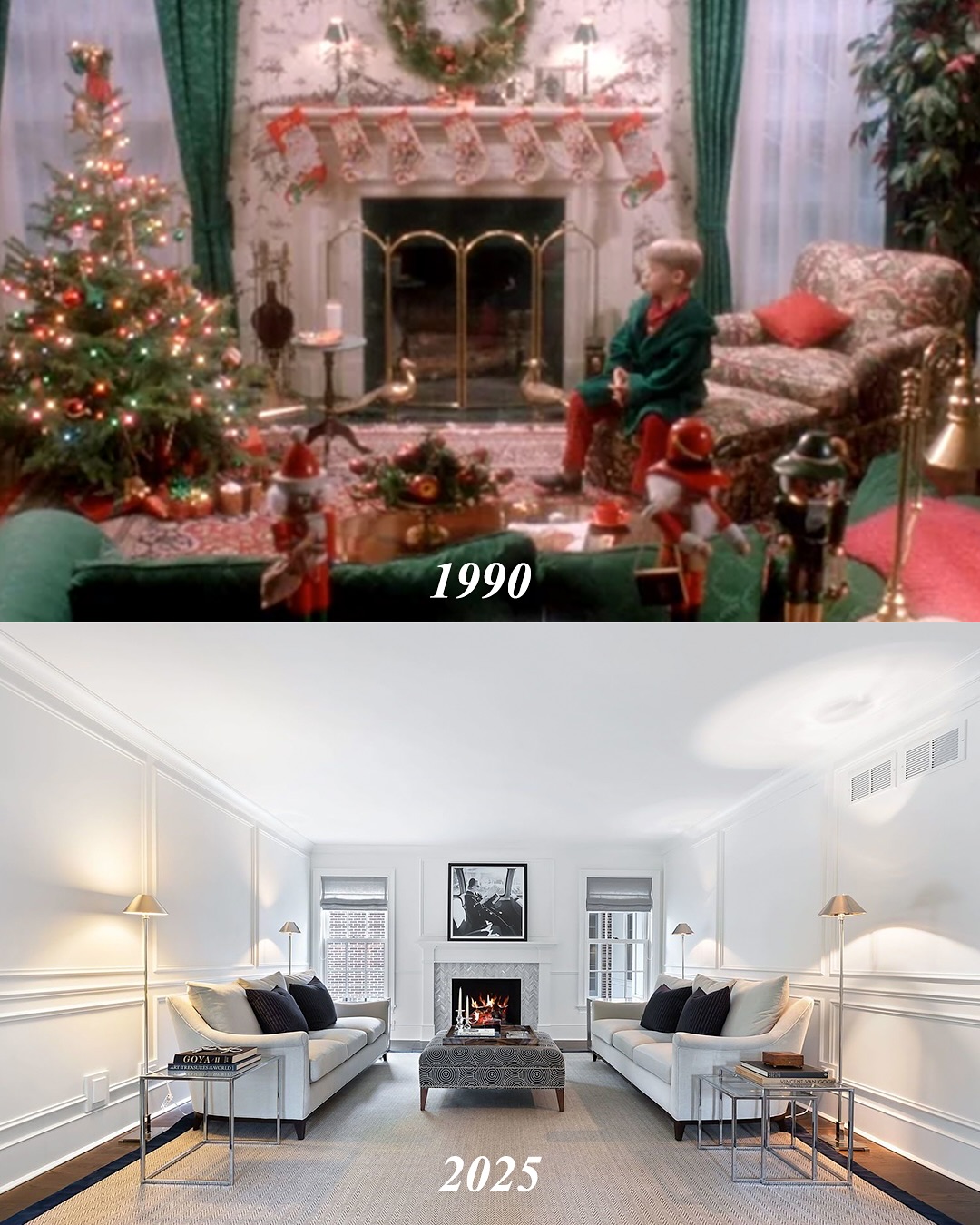 Gone are the nutcrackers and stockings &mdash; the McCallister living room now radiates minimalist elegance, yet the iconic fireplace remains, anchoring the space in a whisper of festive memory. | Source: Instagram/kjp