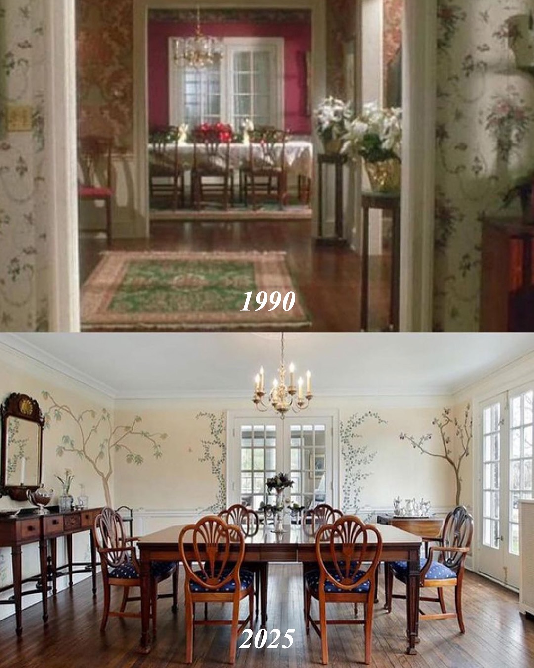 The dining room once steeped in holiday formality now glows with timeless grace &mdash; hand-painted walls, vintage touches, and natural light offer a quiet evolution from its cinematic roots. | Source: Instagram/kjp