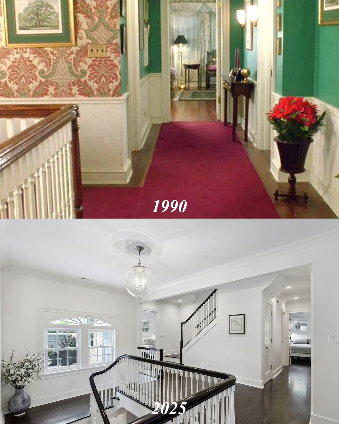 This once-cozy hallway, etched in fans' memories with red carpet runners and bold wallpaper, has been transformed into a bright, modern corridor &mdash; clean, open, and strikingly fresh. | Source: Instagram/kjp
