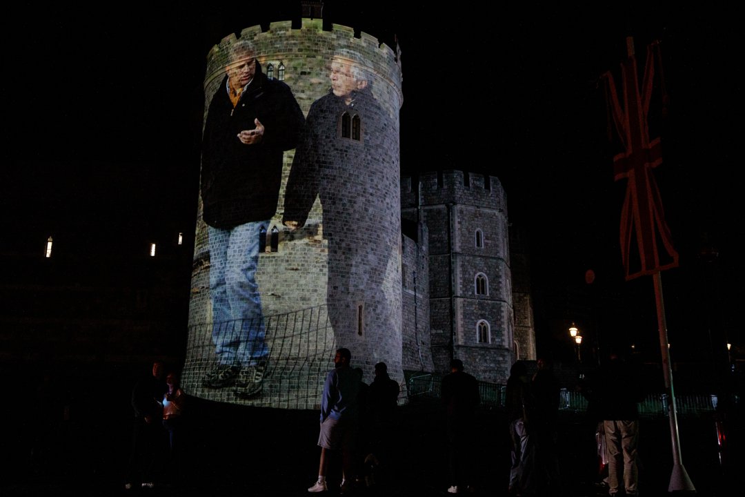 Political campaign group Led By Donkeys project an image of Prince Andrew and convicted paedophile Jeffrey Epstein onto Windsor Castle as US President Trump's second state visit to the UK begins on 16 September 2025 in Windsor, United Kingdom. | Source: Getty Images