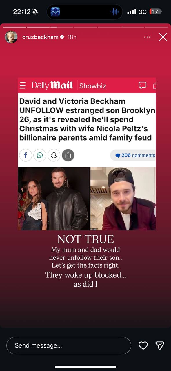 A screenshot of Cruz Beckham's Instagram Story, dated December 21, 2025, disputing reports that Sir David and Victoria Beckham unfollowed Brooklyn Peltz Beckham and claiming the family was blocked instead. | Source: Instagram/cruzbeckham