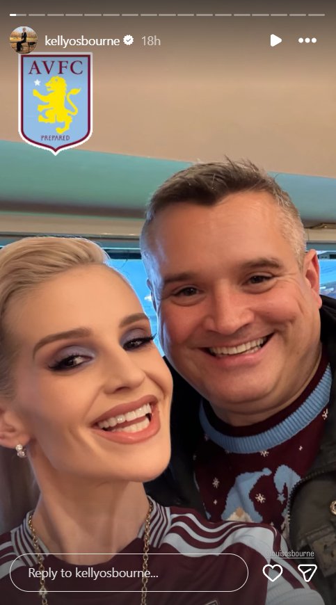 Kelly and Louis Osbourne pose for a selfie during the Premier League match between Aston Villa and Manchester United at Villa Park on 21 December 2025 in Birmingham, England. | Source: Instagram/kellyosbourne