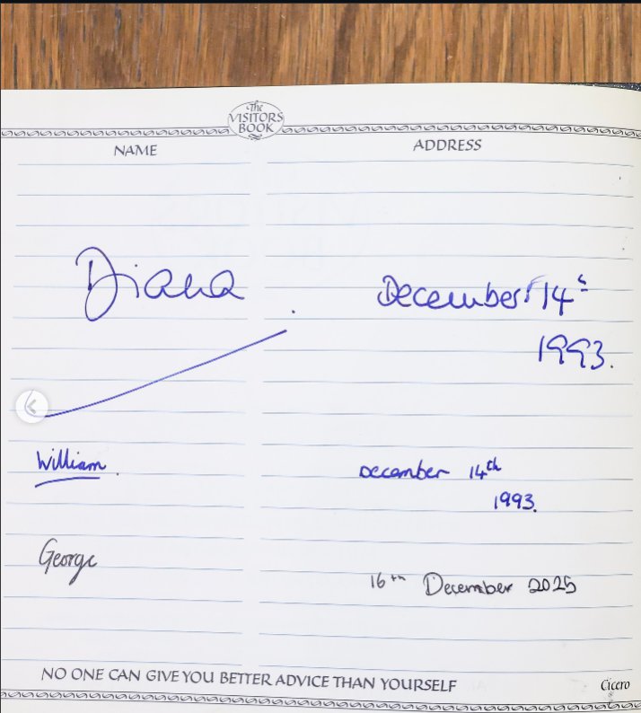 Princess Diana, Prince William and Prince George's signatures in the visitors' book at The Passage : Source: Instagram/Princeandprincessofwales