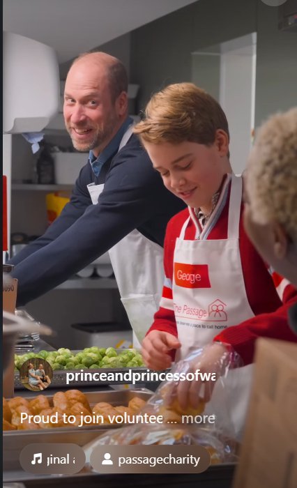 Prince William laughs as he places his hands on a staff member&rsquo;s shoulders in the kitchen, while Prince George looks on during a light-hearted moment. | Source: Instagram/Princeandprincessofwales