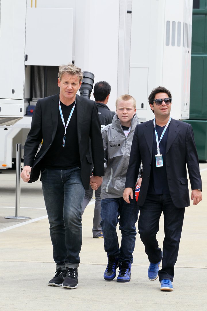 Gordon and Jack Ramsay were pictured walking through the paddock at the Formula One World Championship on July 8, 2012, in Silverstone. Dressed in a Mercedes jacket and bold blue trainers, Jack looked every bit the motorsport enthusiast, keeping close to his father during the high-octane event.