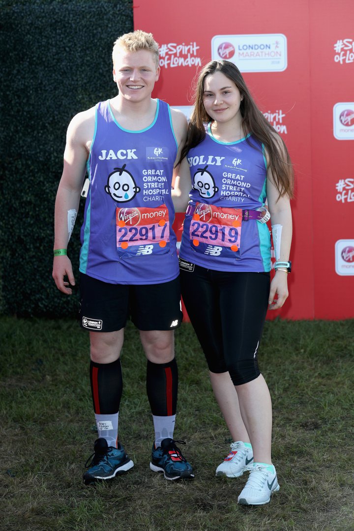 Jack and Holly Ramsay posed together ahead of running in the Virgin London Marathon on April 22, 2018, in London. Wearing matching purple charity vests for Great Ormond Street Hospital, the twin siblings stood side by side with their race numbers pinned and smiles in place, ready to take on the challenge for a cause close to their hearts.